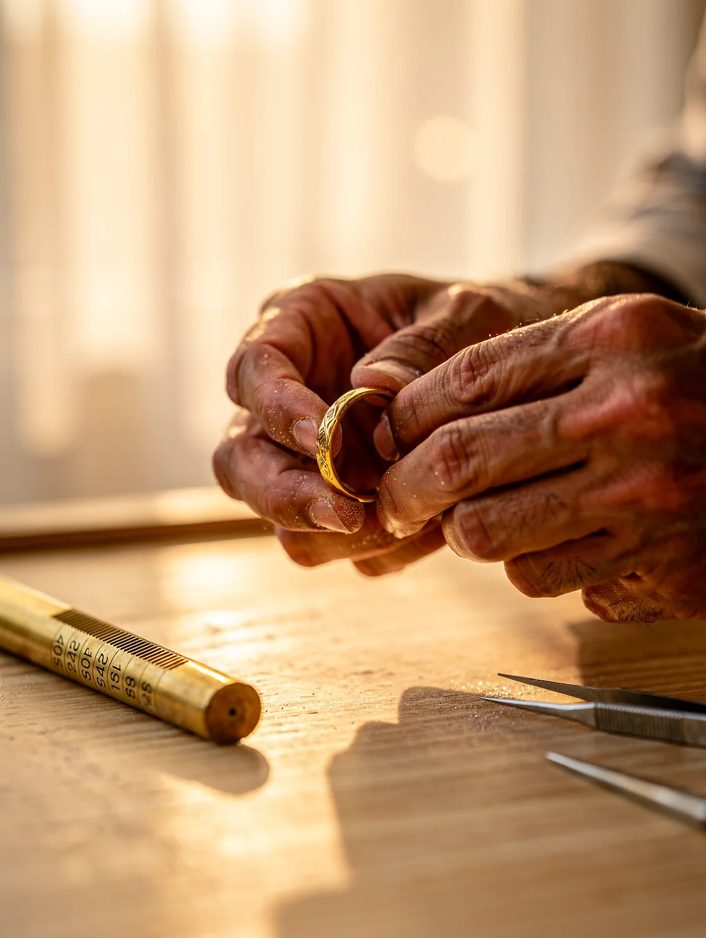 Manos de artesana soldando una pieza de joyería sobre banco de trabajo de madera