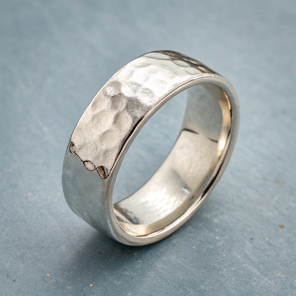 Anillo ancho de plata esterlina con texturas martilladas sobre piedra caliza