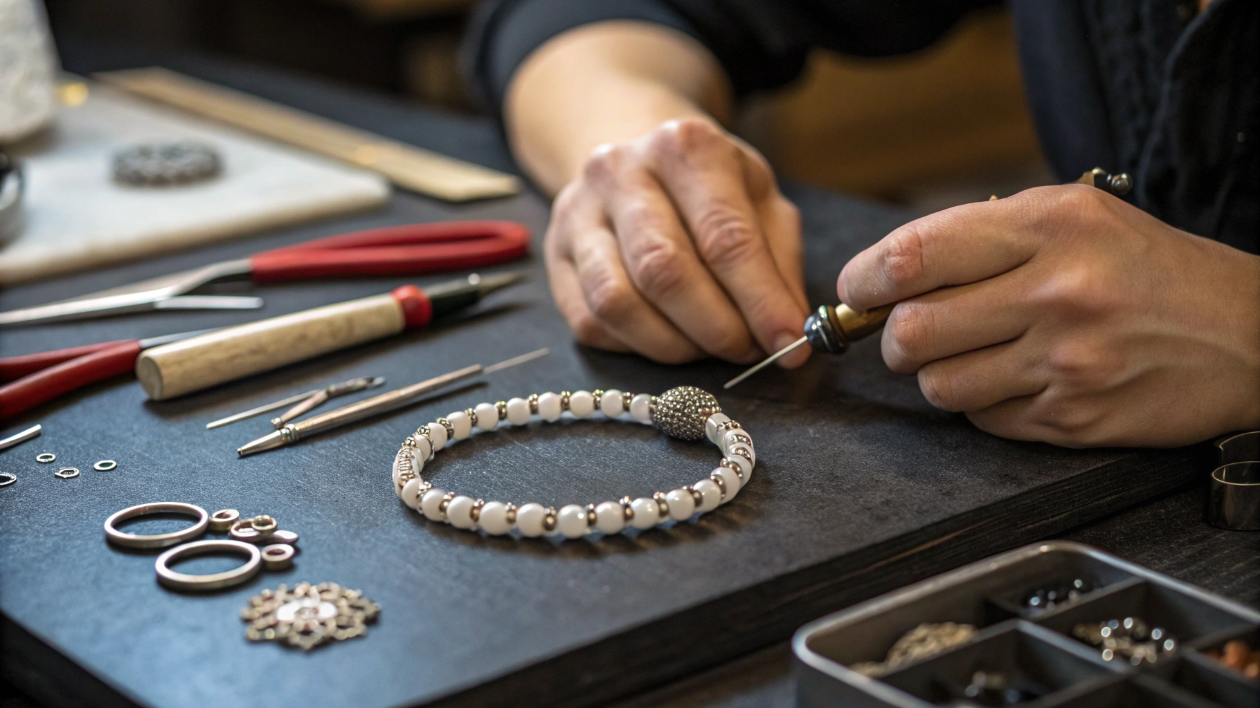 Manos artesanas curvando un brazalete de metal sobre un tas de madera en el taller