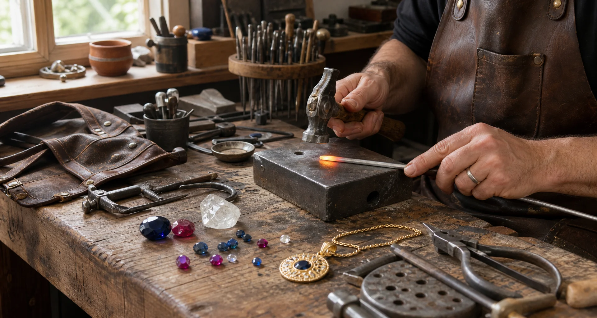 Alumna trabajando en banco de joyería utilizando soplete y pinzas de precisión para soldar anillos de plata